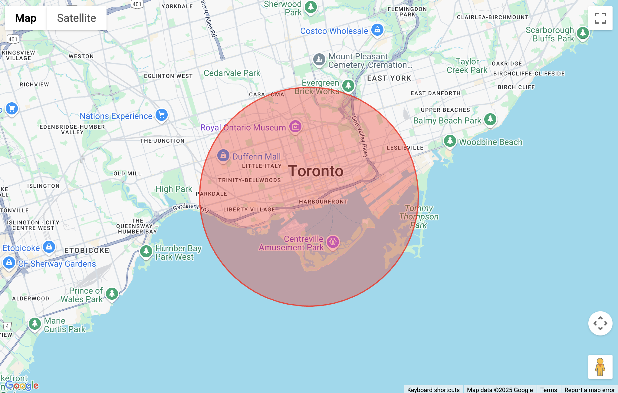 Territory map with search radius